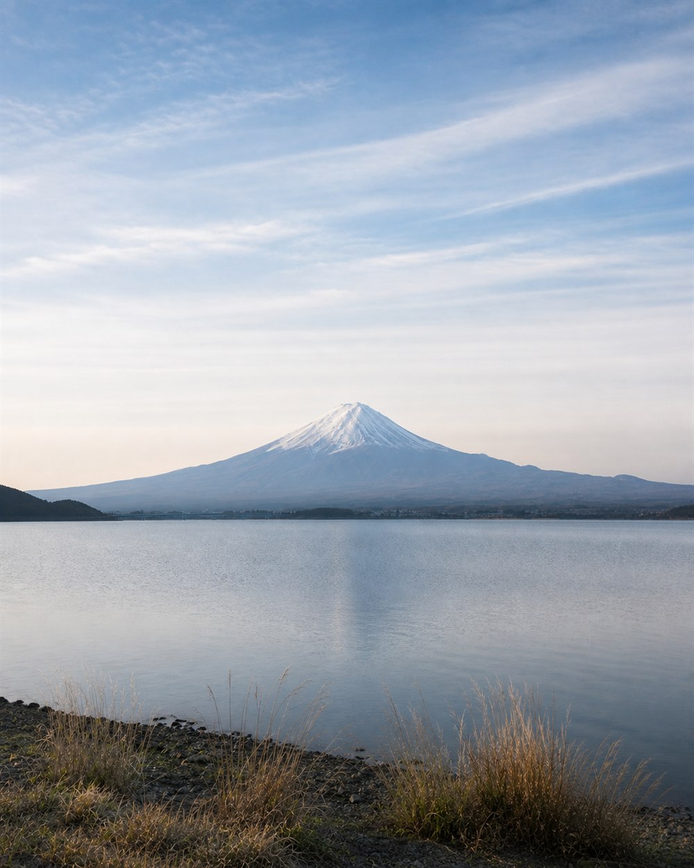 湖畔から望む、空と湖に囲まれた富士山の全景
