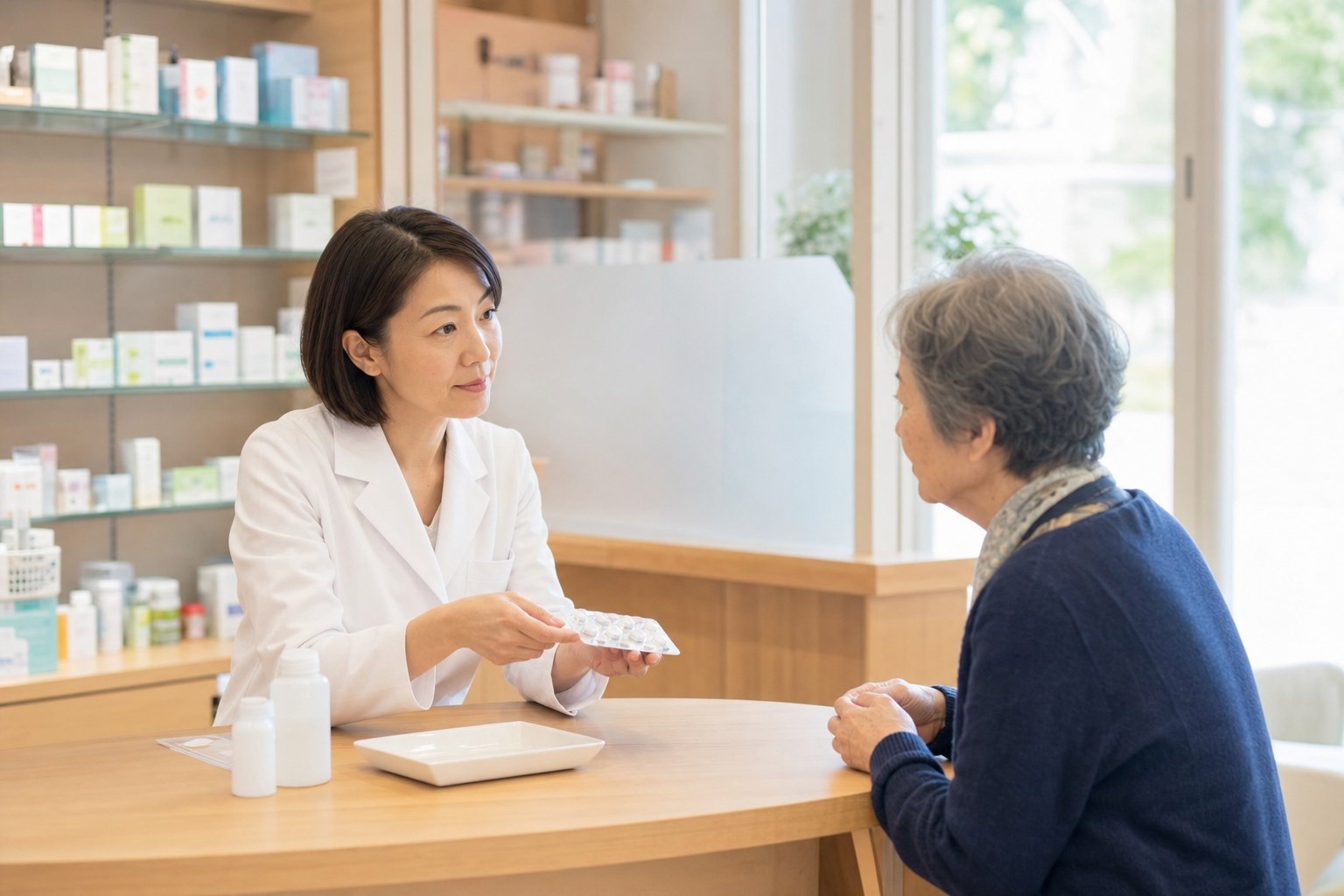 患者さまと丁寧に話す薬剤師（イメージ）