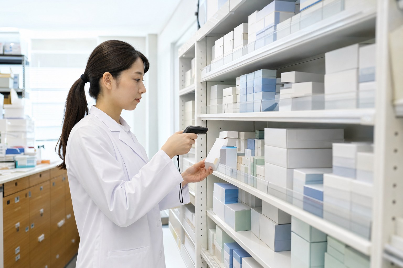 医薬品の在庫を確認する薬剤師（イメージ）